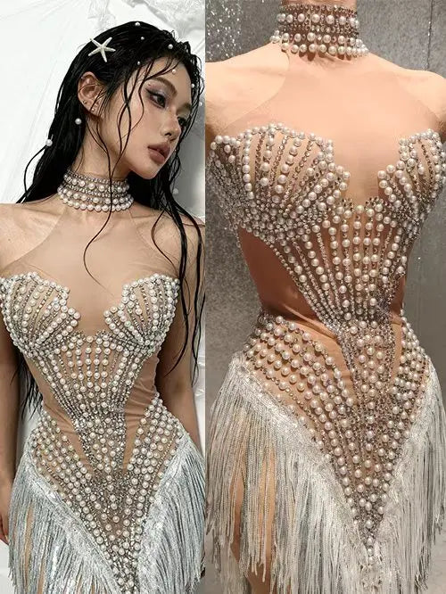 Sparkly Rhinestone, Pearl & Tassel Transparent Performance Dress Stage Costume