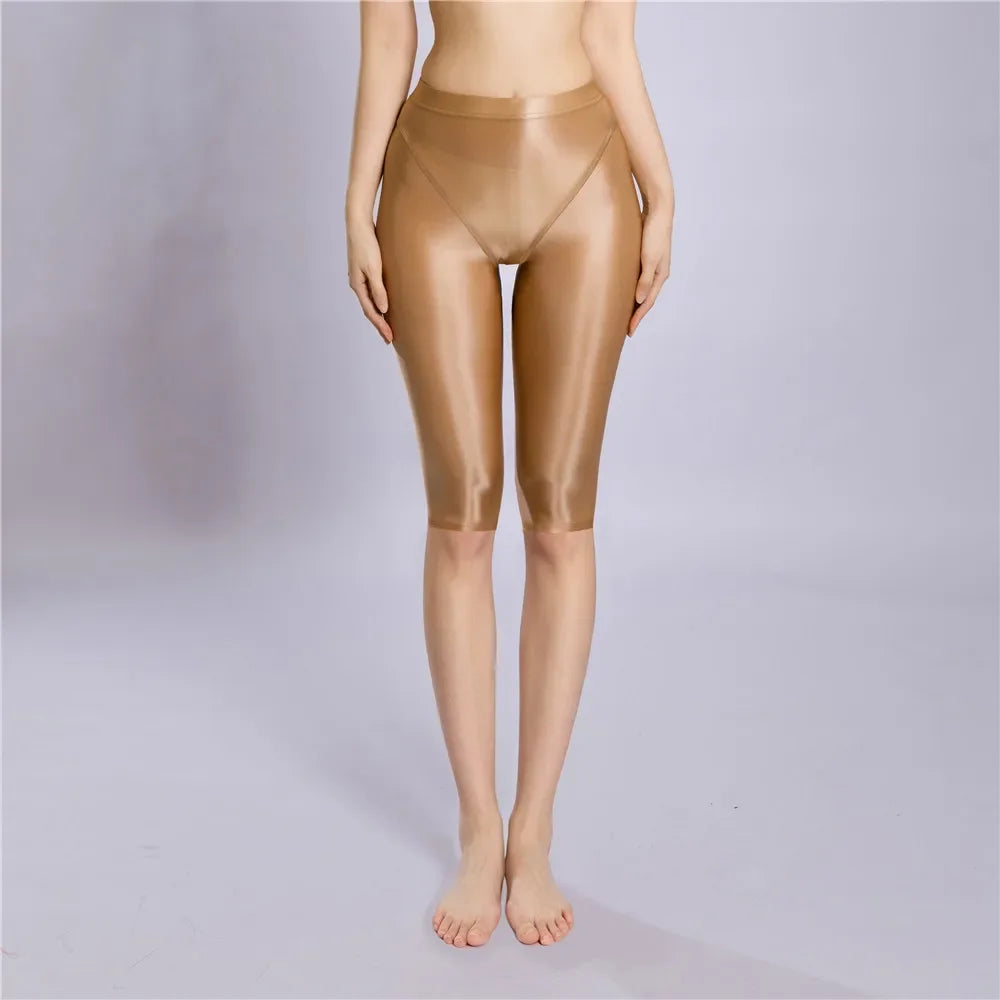 Women Shaping Short Stain Smooth Oil Glossy Shiny Elastic Shorts Sheer See Through Casual Plus Size Tight Yoga Short Maid Pant