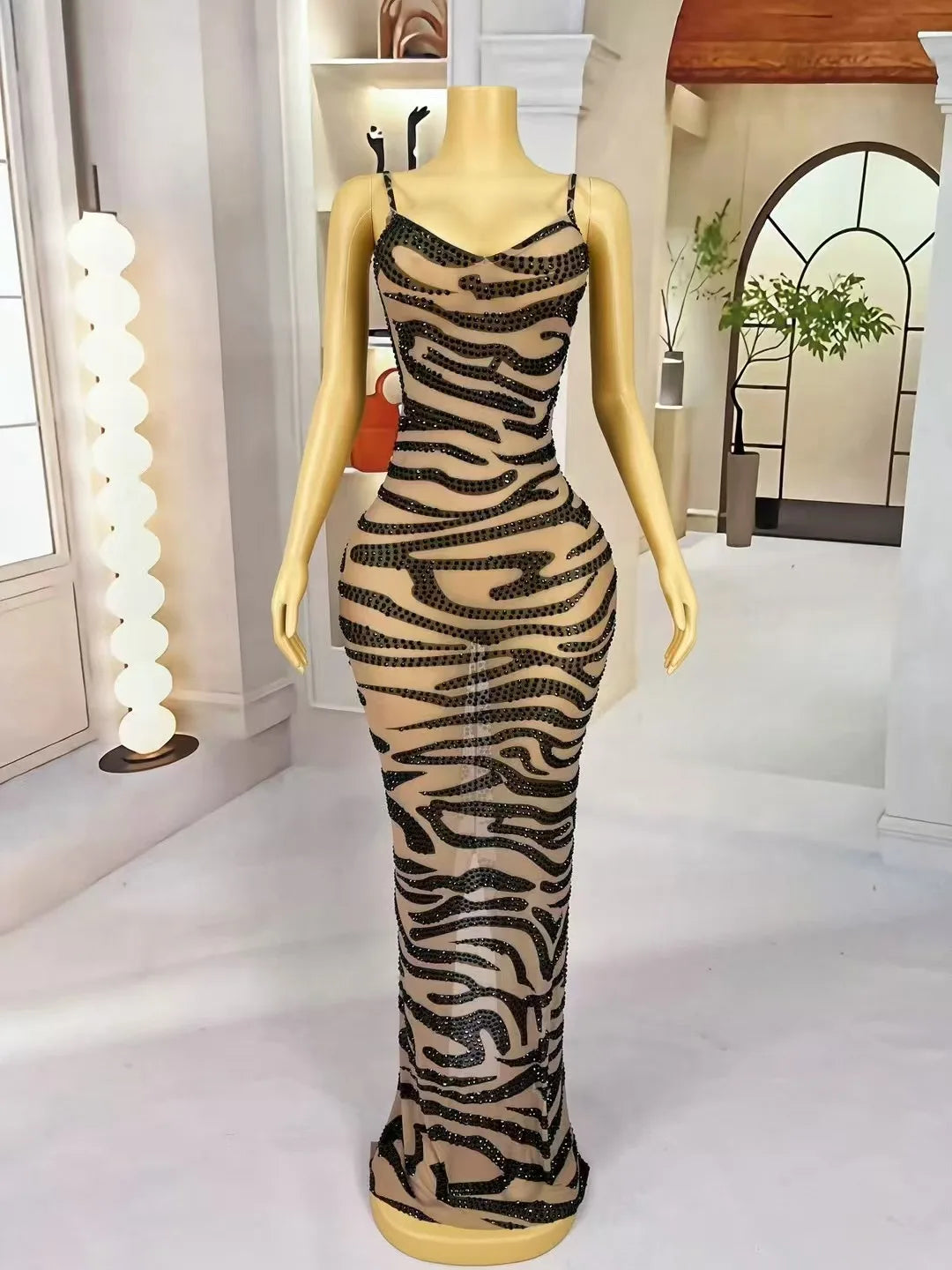 Women's Leopard Print Rhinestone Suspender Mesh Long Dress | Sparkly Stage Gown for Red Carpet & Party