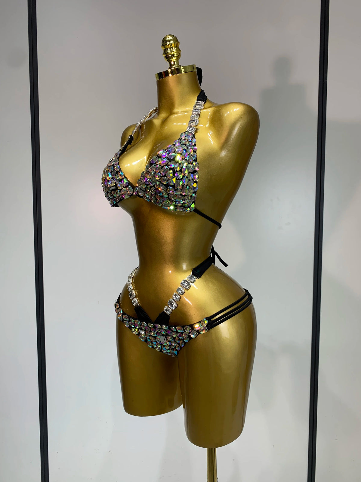 Women Crystal Rhinestone Halter Bikini Stage Performance Costume Set