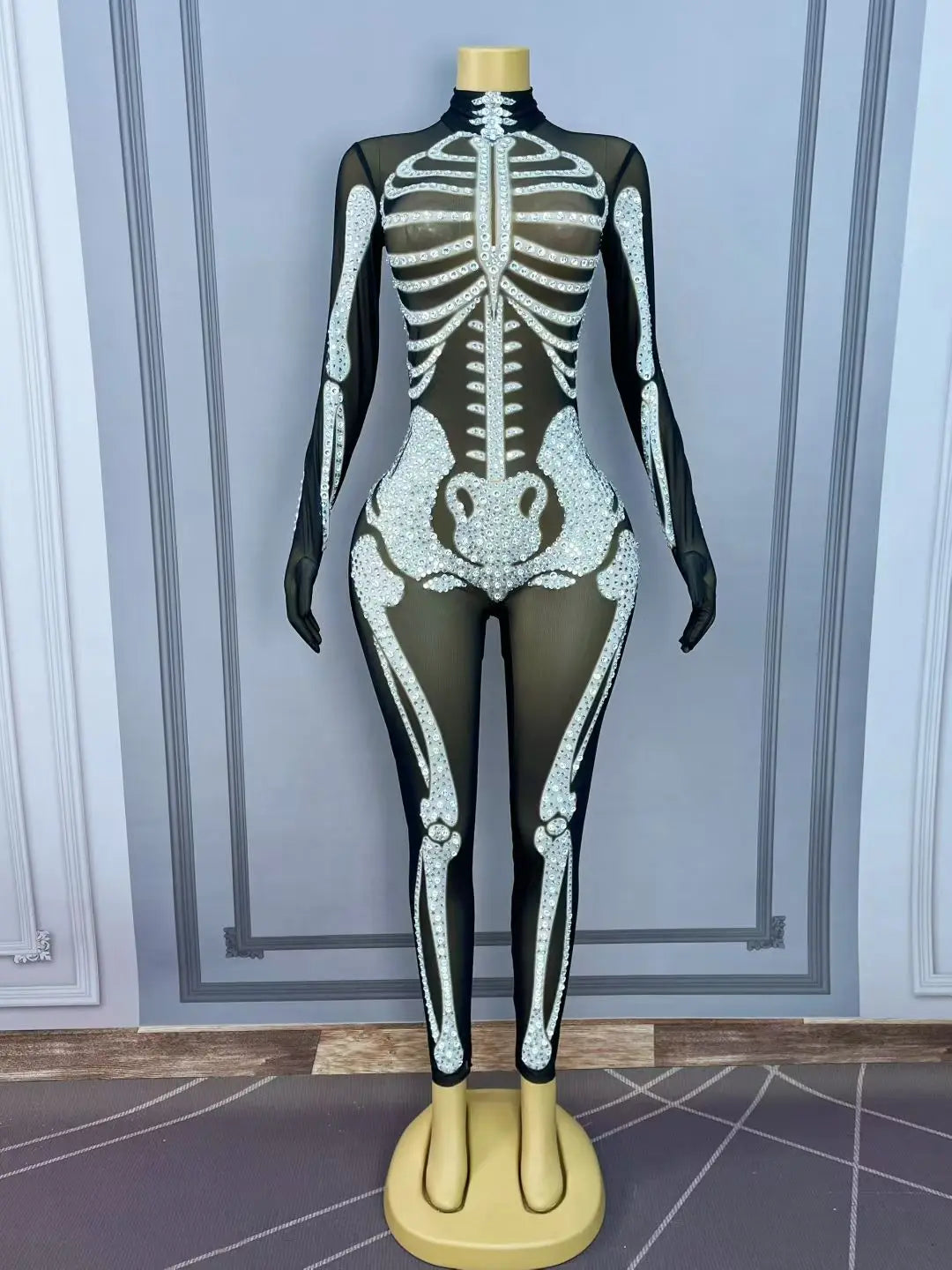 Rhinestone Skeleton Monster Cosplay Jumpsuit & Halloween Stage Dance Romper