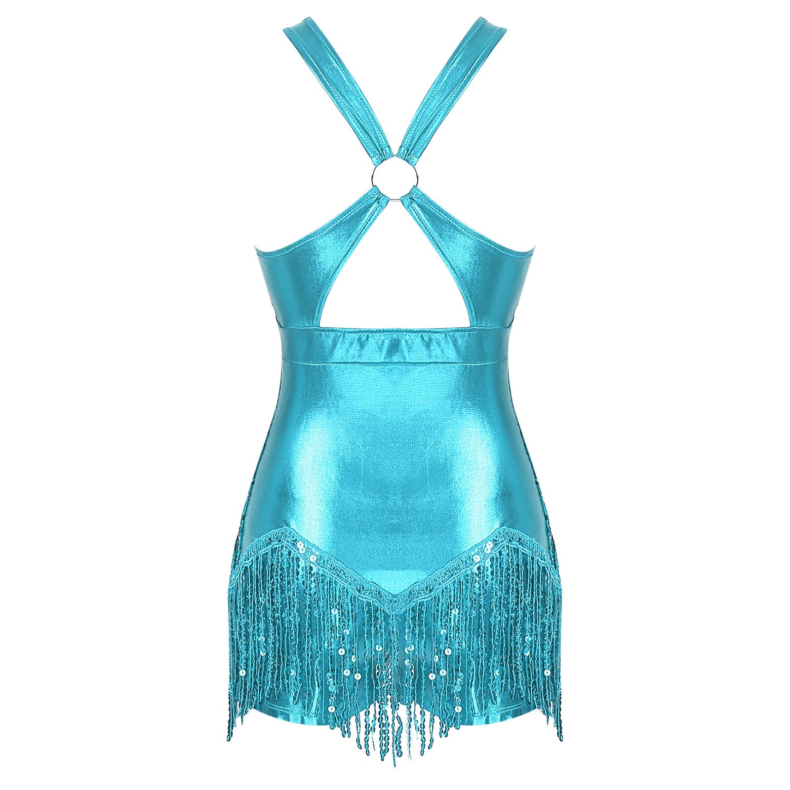 Sequined Fringe Cross-Front Latin Dance Leotard Costume Dress
