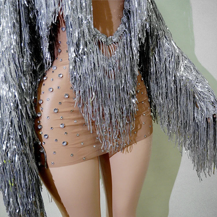 Rhinestone Tassel Fringe Jacket And Dress Costume Set
