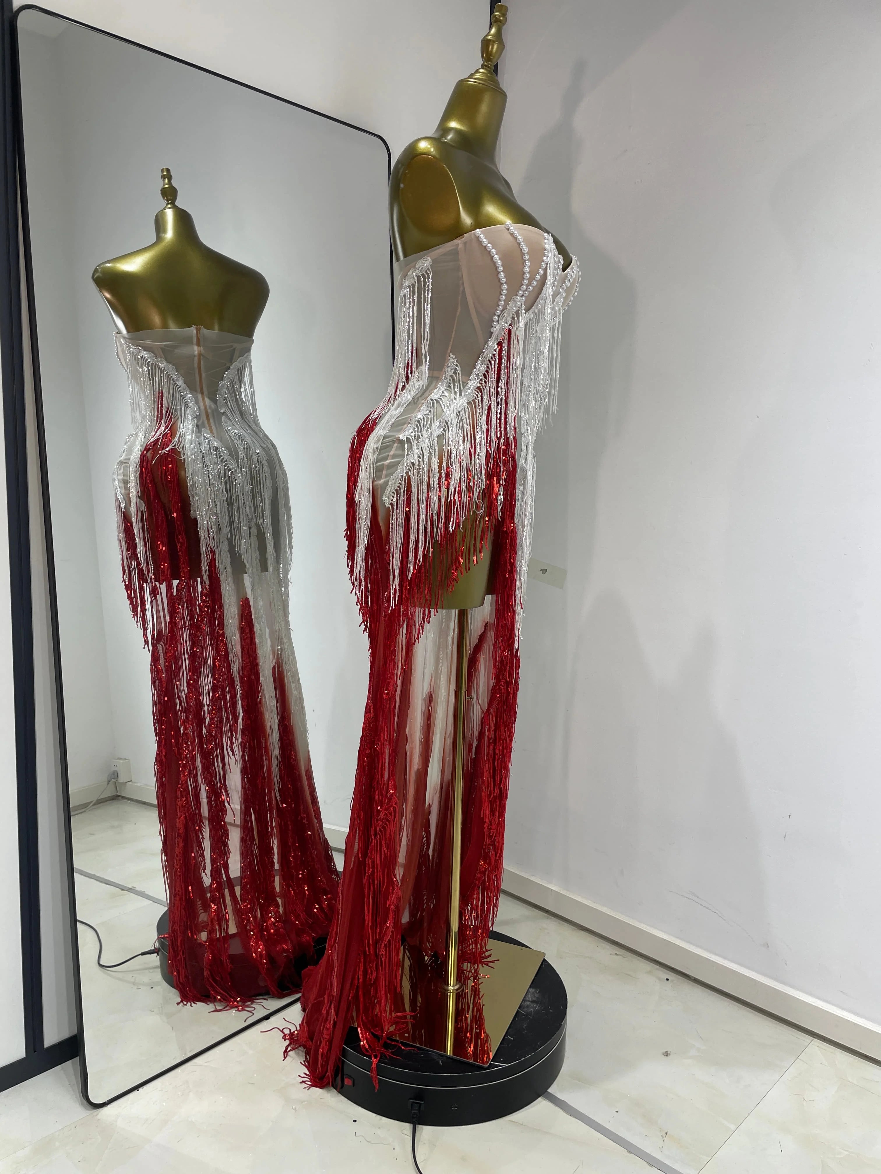 Pearl & Crystal Bustier High-Slit Maxi Gown Cascading Ombré Fringe Evening Dress