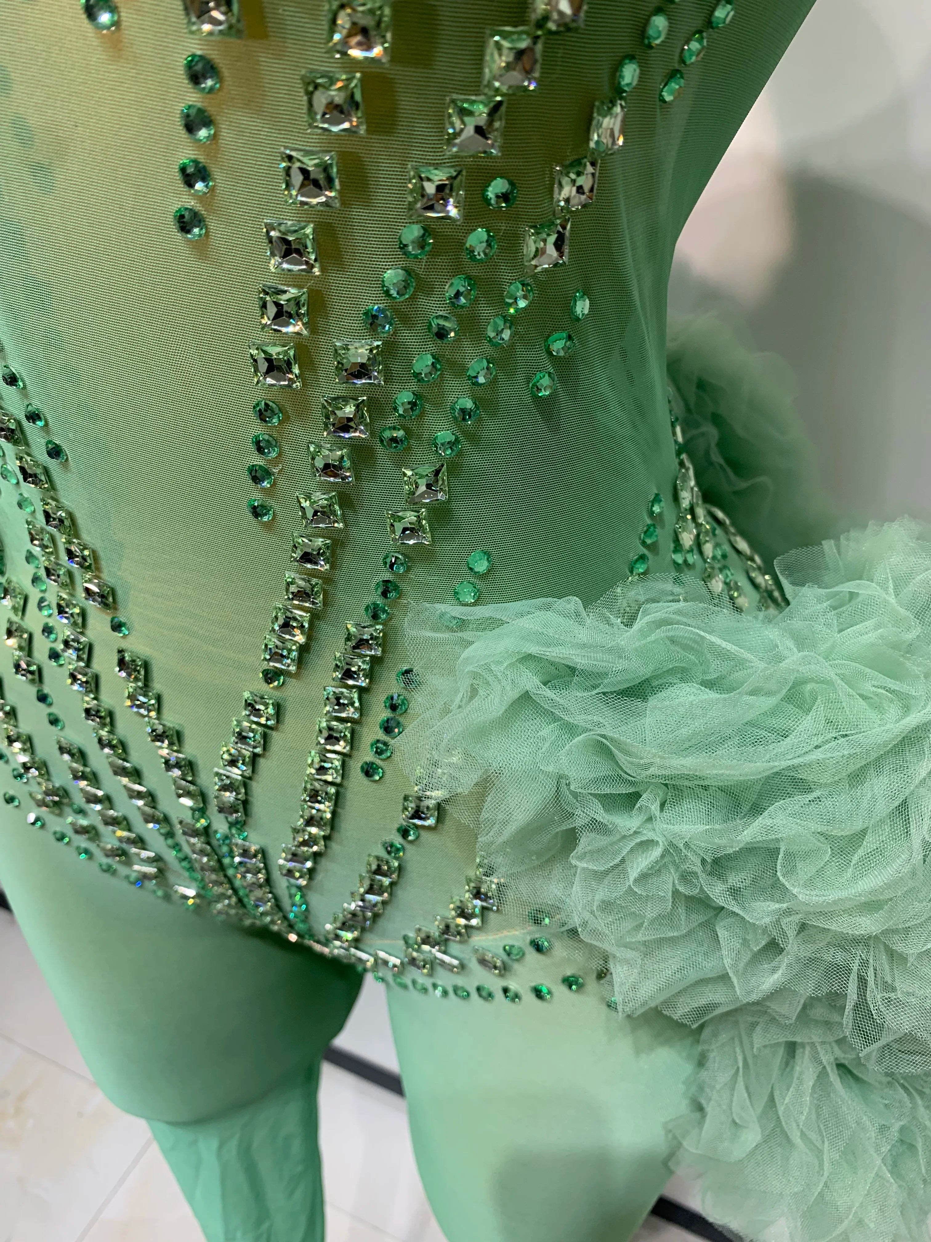 Luxury Green Diamonds Mesh See-Through Long Sleeve Jumpsuit Stage Performance Costume