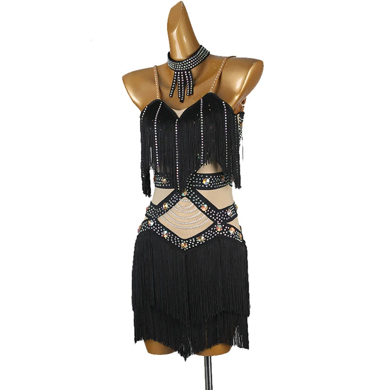 Professional Latin Dance Competition Dress & Tassel Fringe Performance Outfit