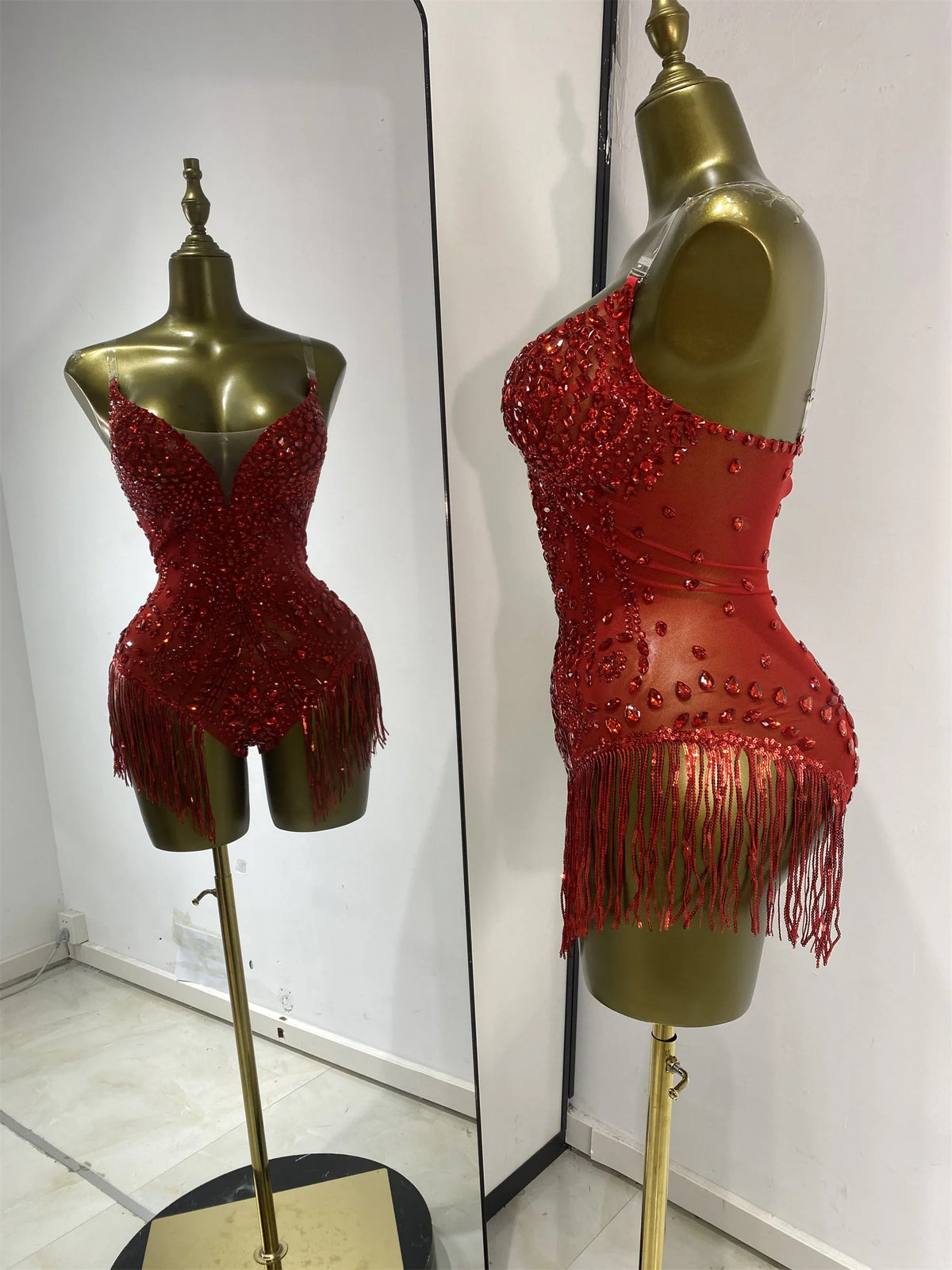 Vintage-Inspired Shiny Rhinestones Tassel Mesh Bodysuit Costume Set