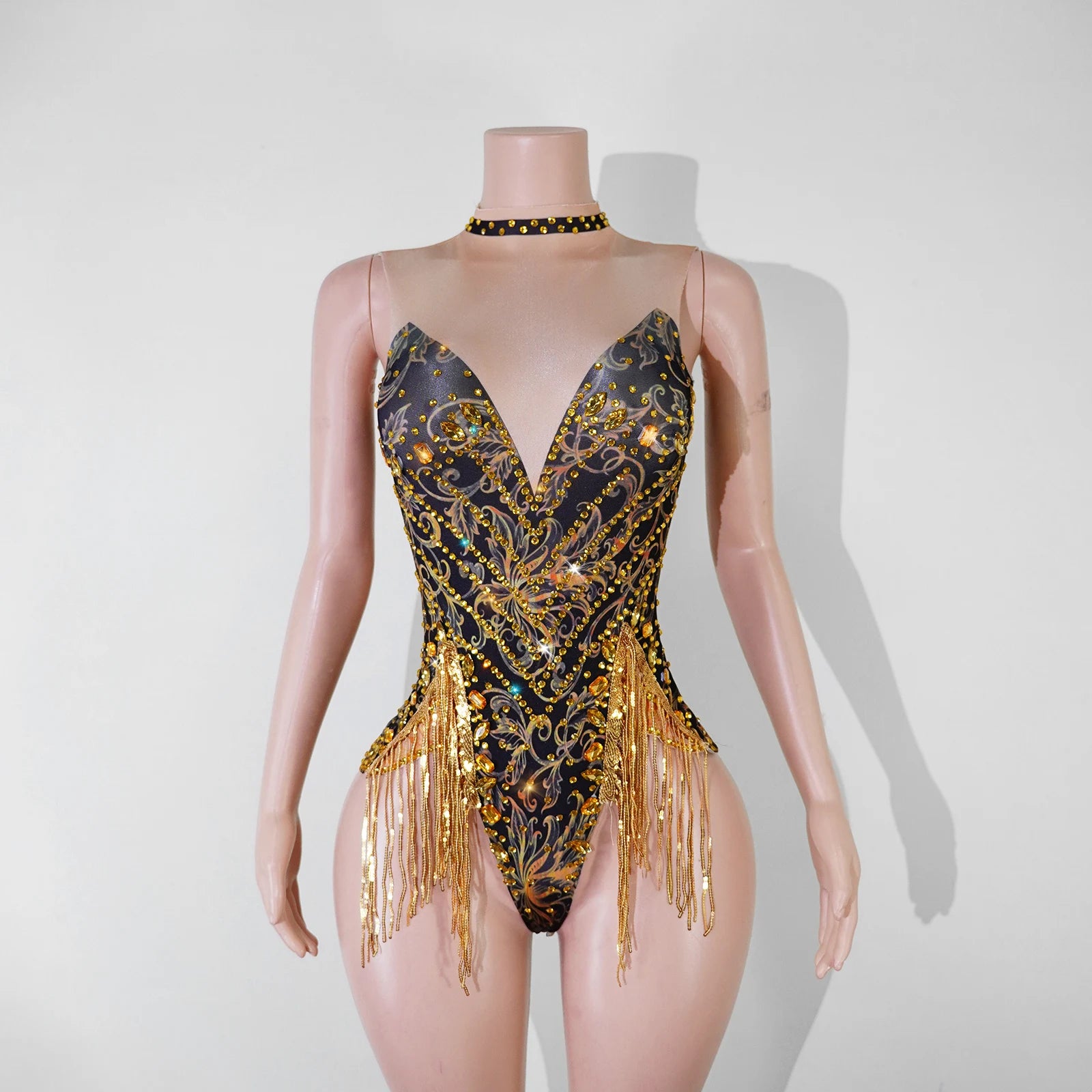 Gold Sequin Halter Bodysuit & Beaded Tassel Fringe Latin Dance Stage Costume