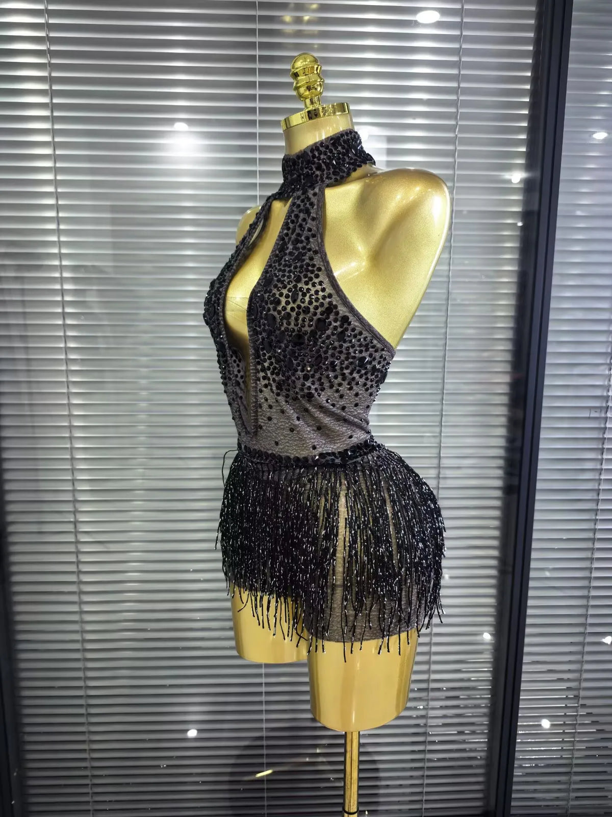 Women Sexy Mesh See Through Shining Sequins Tassels Bodycon Bodysuit Nightclub Party Celebrate Performance Costumes