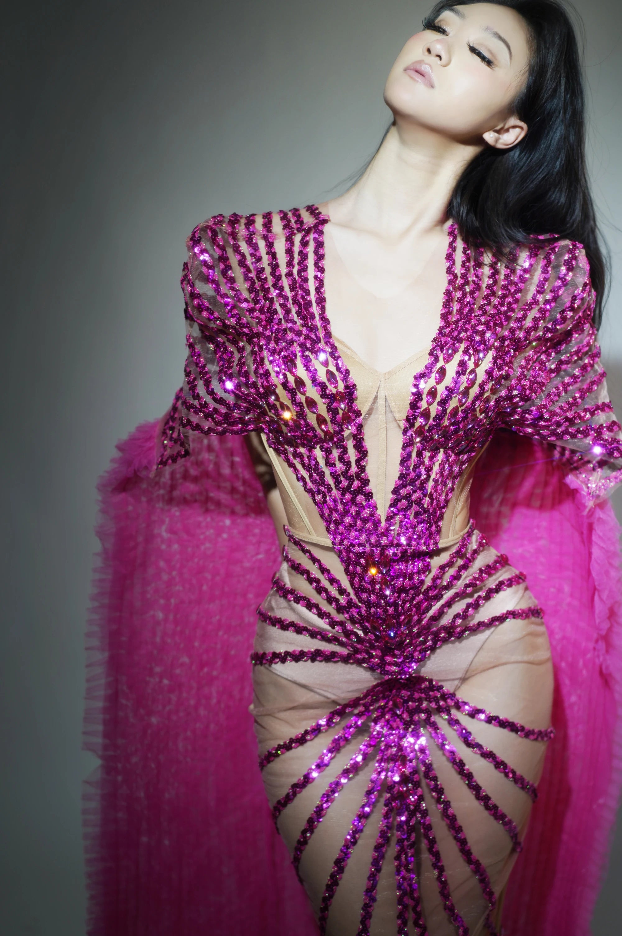 See Through Fuchsia Pink Evening Gown Long Tail Showgirl Stage Ball Dress