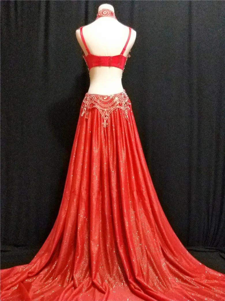 Women's Rhinestone Bikini & Long Trailing Skirt Set | Singer Host Stage Costume for Catwalk & Performance