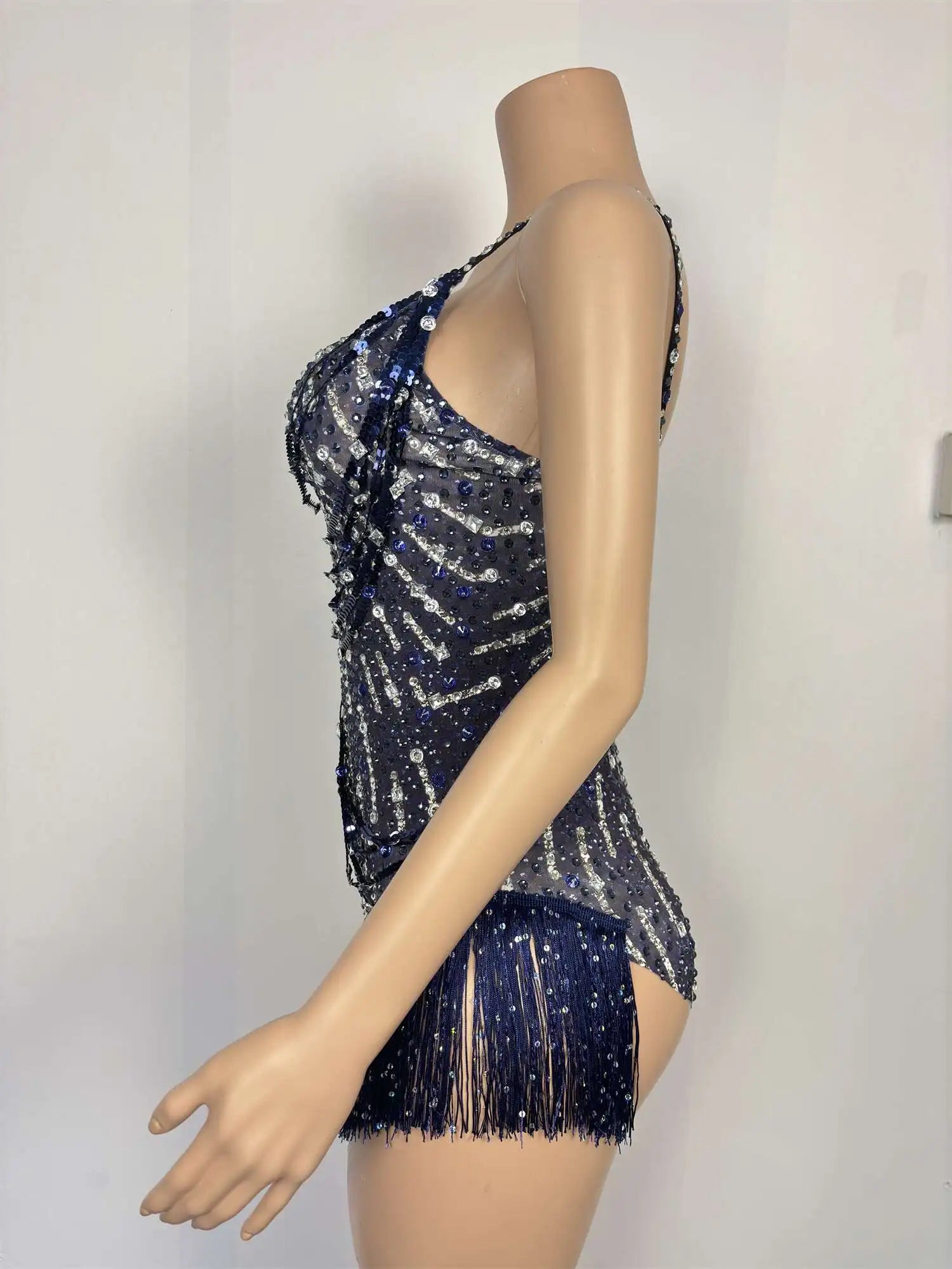 Sparkly Rhinestone Tassel Fringe Dance Leotard Nightclub Stage Performance Bodysuit