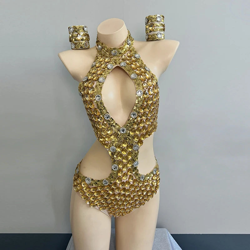 Gold Hollow-Out Rhinestone Bodysuit & Wristband Gogo Stage Performance Costume