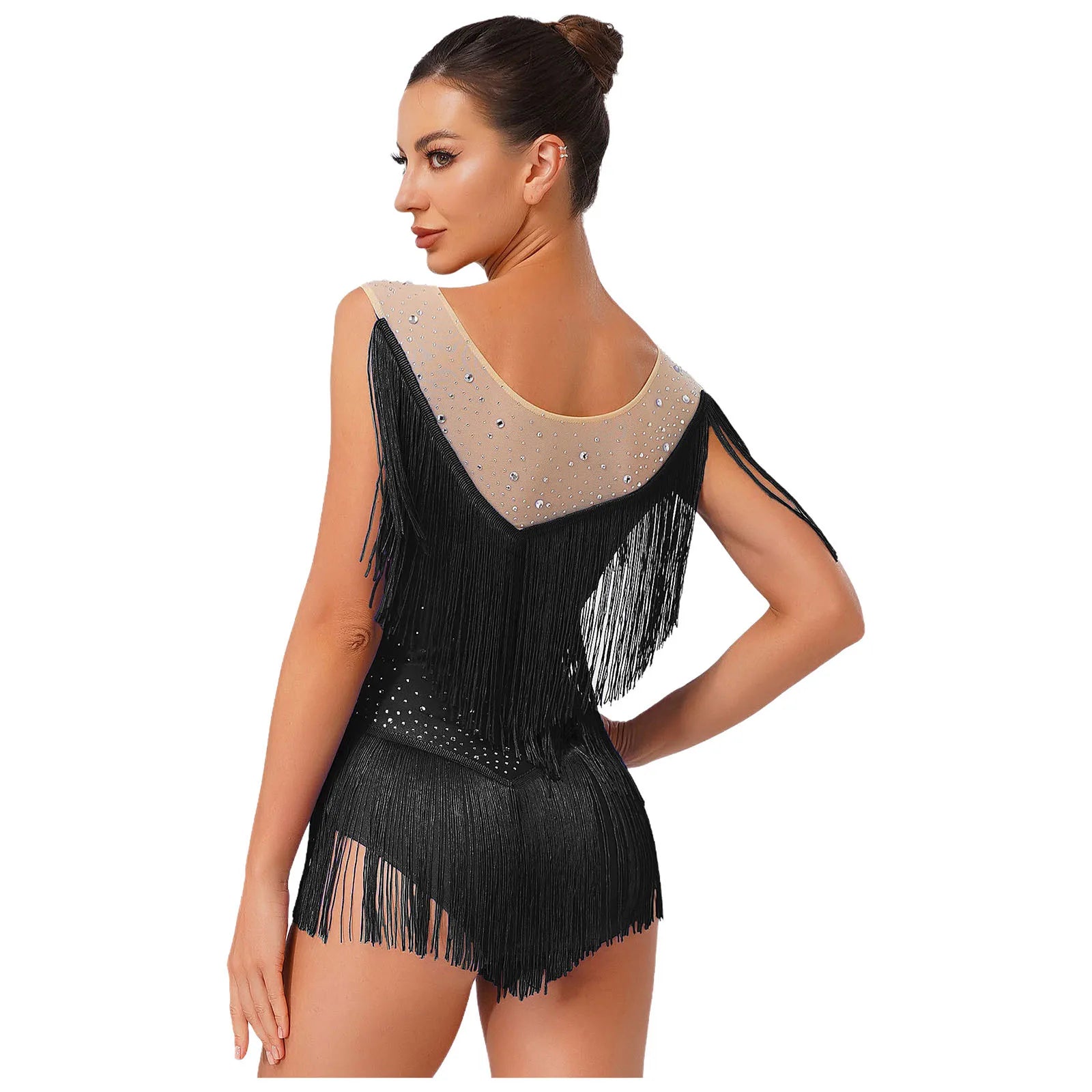 Sparkly Rhinestone & Tassel Fringe Latin Dance Leotard Crew Neck Bodysuit