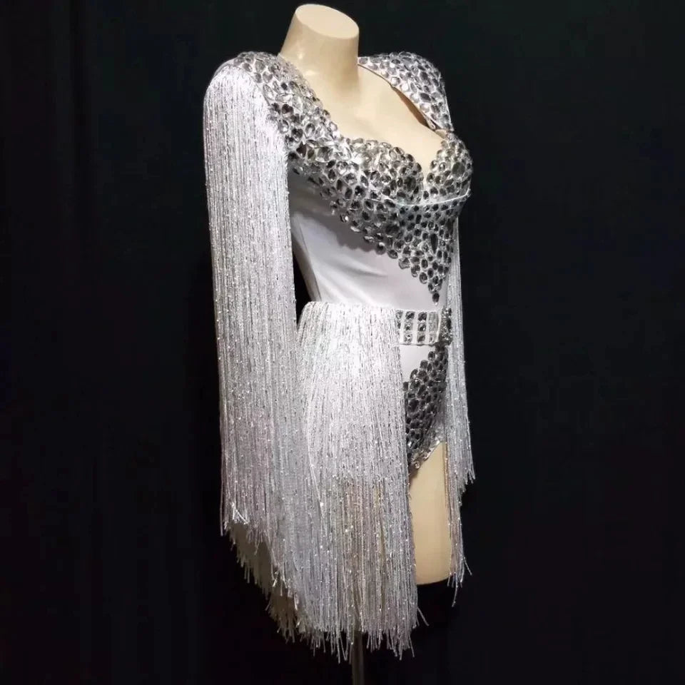 Sparkly Crystal Rhinestone & Tassel Fringe Bodysuit Costume Set with Bra & Belt