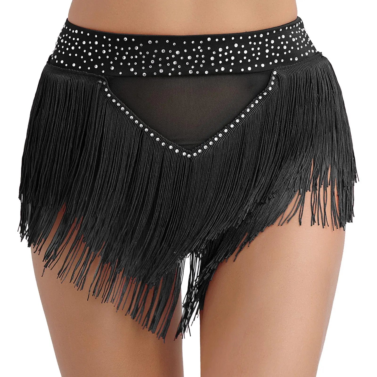 Rhinestone Tassel High-Waist Dance Shorts & Sheer Mesh Fringe Skirt