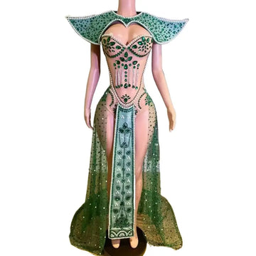 Emerald Green Rhinestone Mesh Bodysuit & Sculpted Peacock Cloak Stage Costume Set