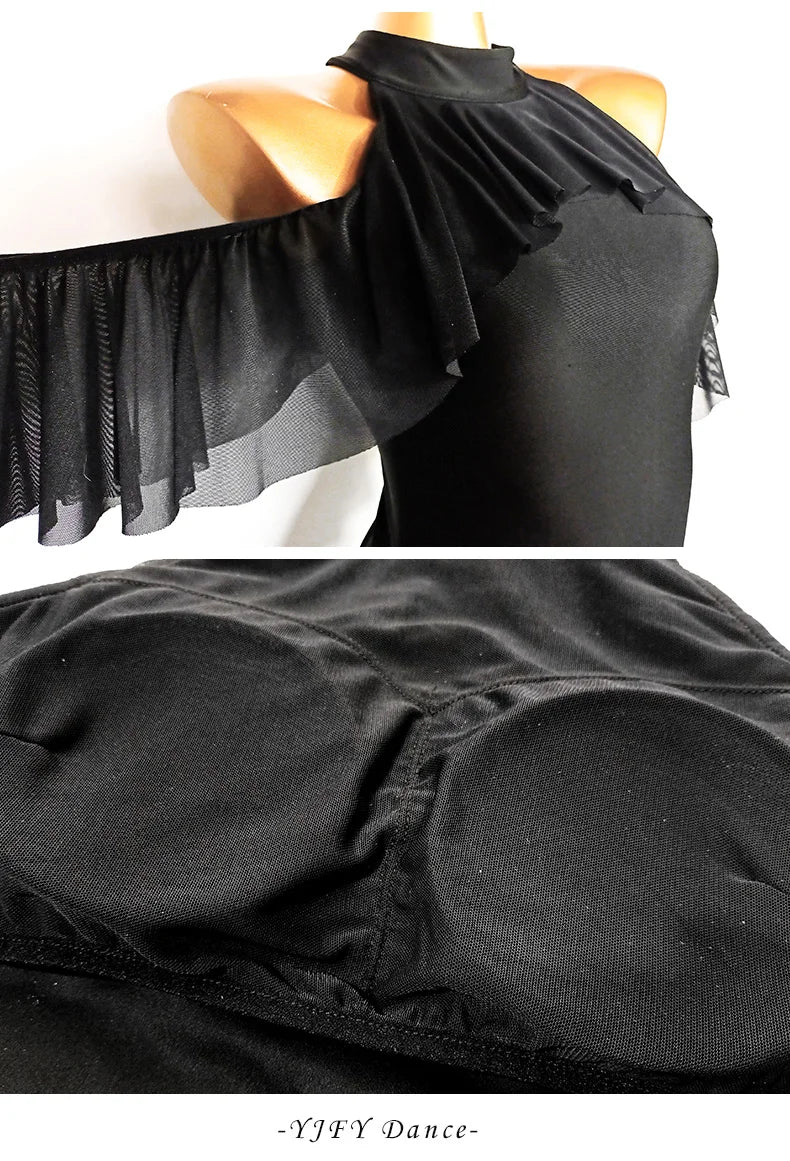 Black High-Neck Short-Sleeve Bodysuit & Gold Fringe Skirt Latin Dance Costume Set