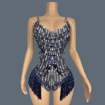 Sparkly Rhinestone Tassel Fringe Dance Leotard Nightclub Stage Performance Bodysuit