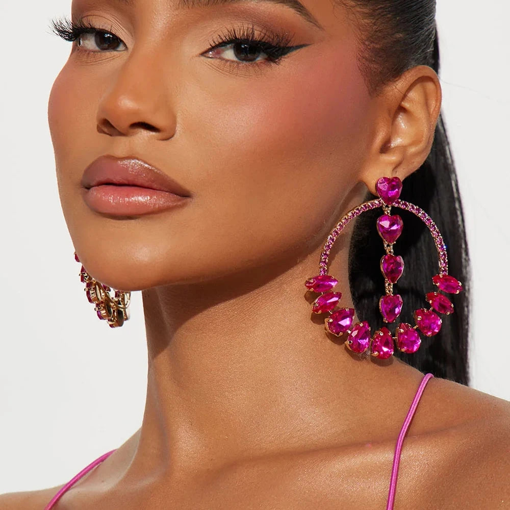 Oversized Pink Crystal Hoop Earrings Heart Pendant Drag Queen Stage Drop Jewelry