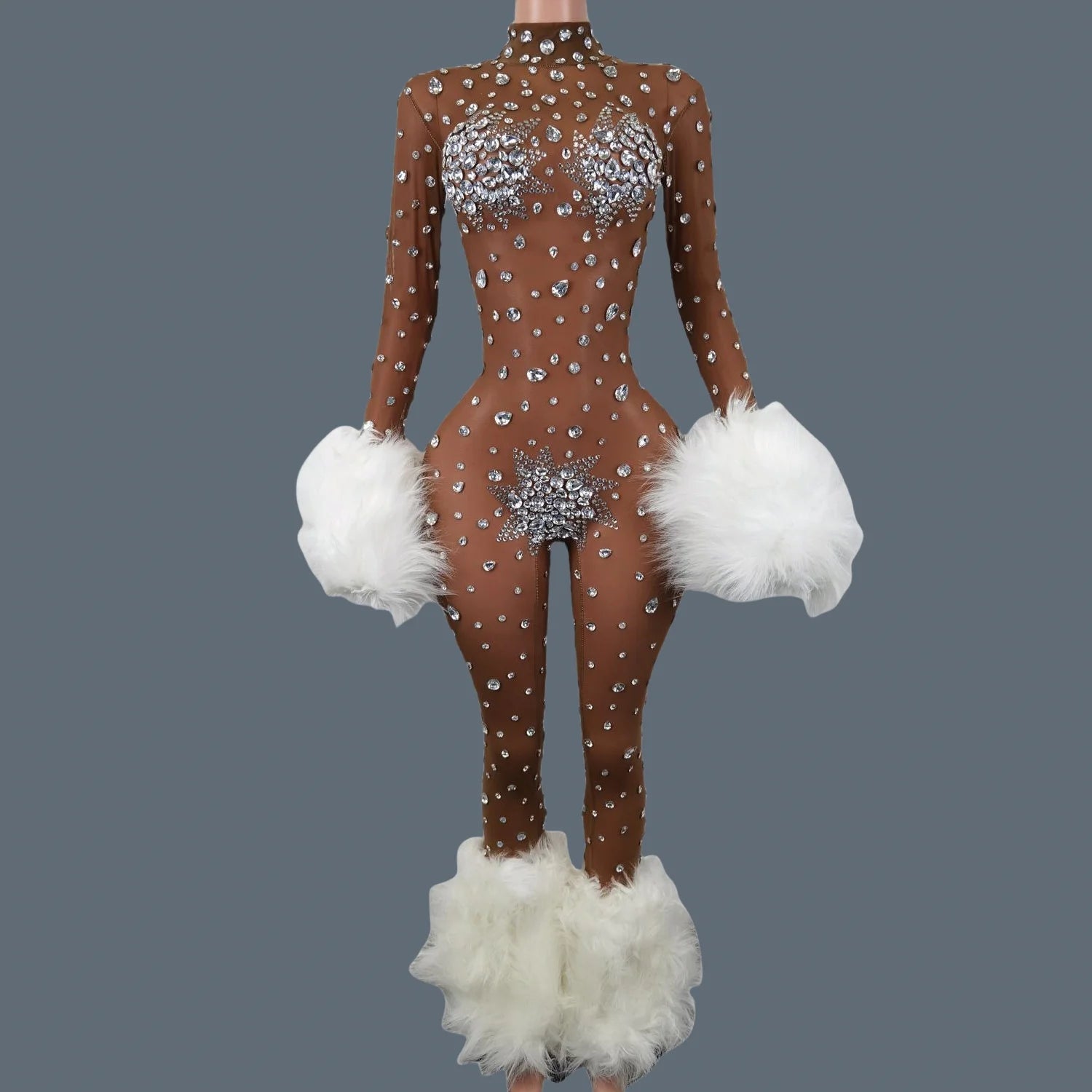 Sparkly Rhinestone & Feather Cuffed Jumpsuit Stage Performance Catsuit Costume
