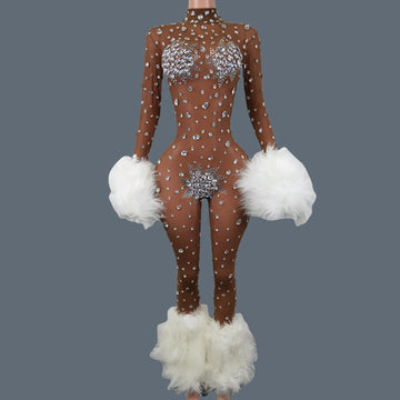 Sparkly Rhinestone & Feather Cuffed Jumpsuit Stage Performance Catsuit Costume