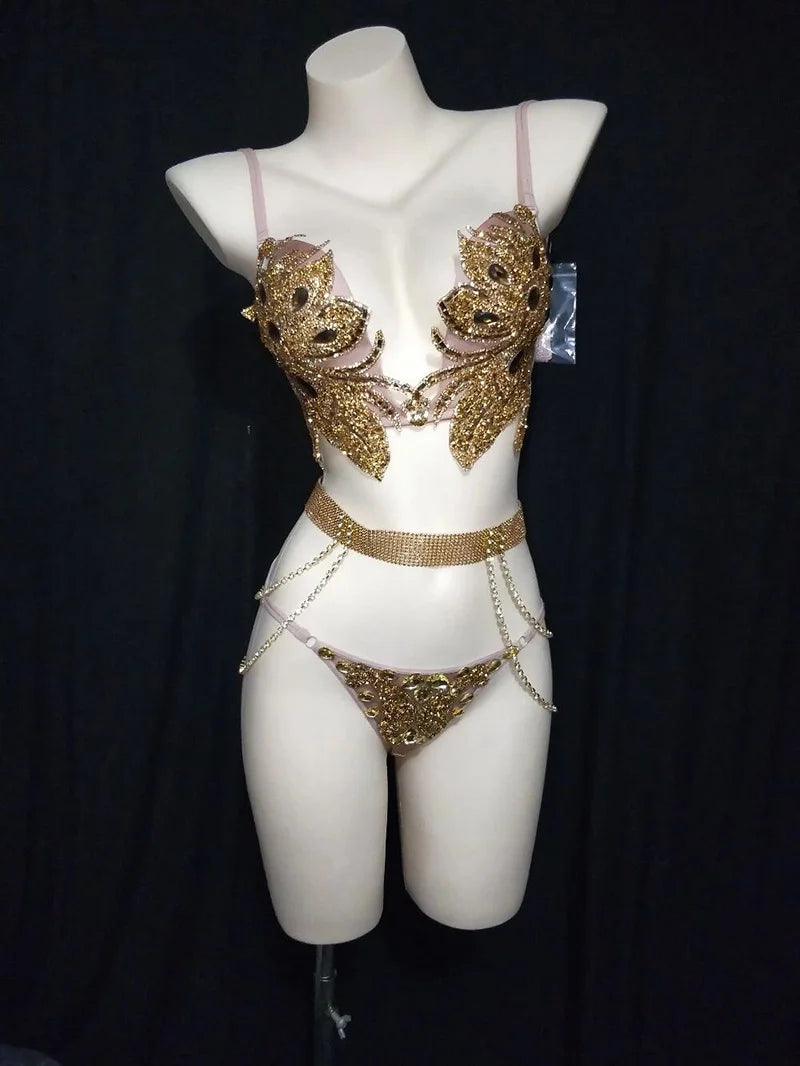 Sparkly Crystal Rhinestone Diamond Bra & Bikini Set Stage Costume