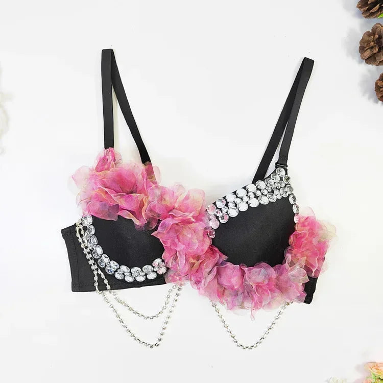 Floral Trim Rhinestone Corset Top Bustier Showgirl Stage Performance Camisole