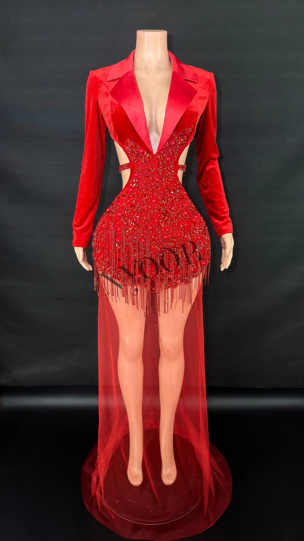 Sparkly Red Rhinestone Sheer Mesh Long Evening Gown Stage Performance Costume