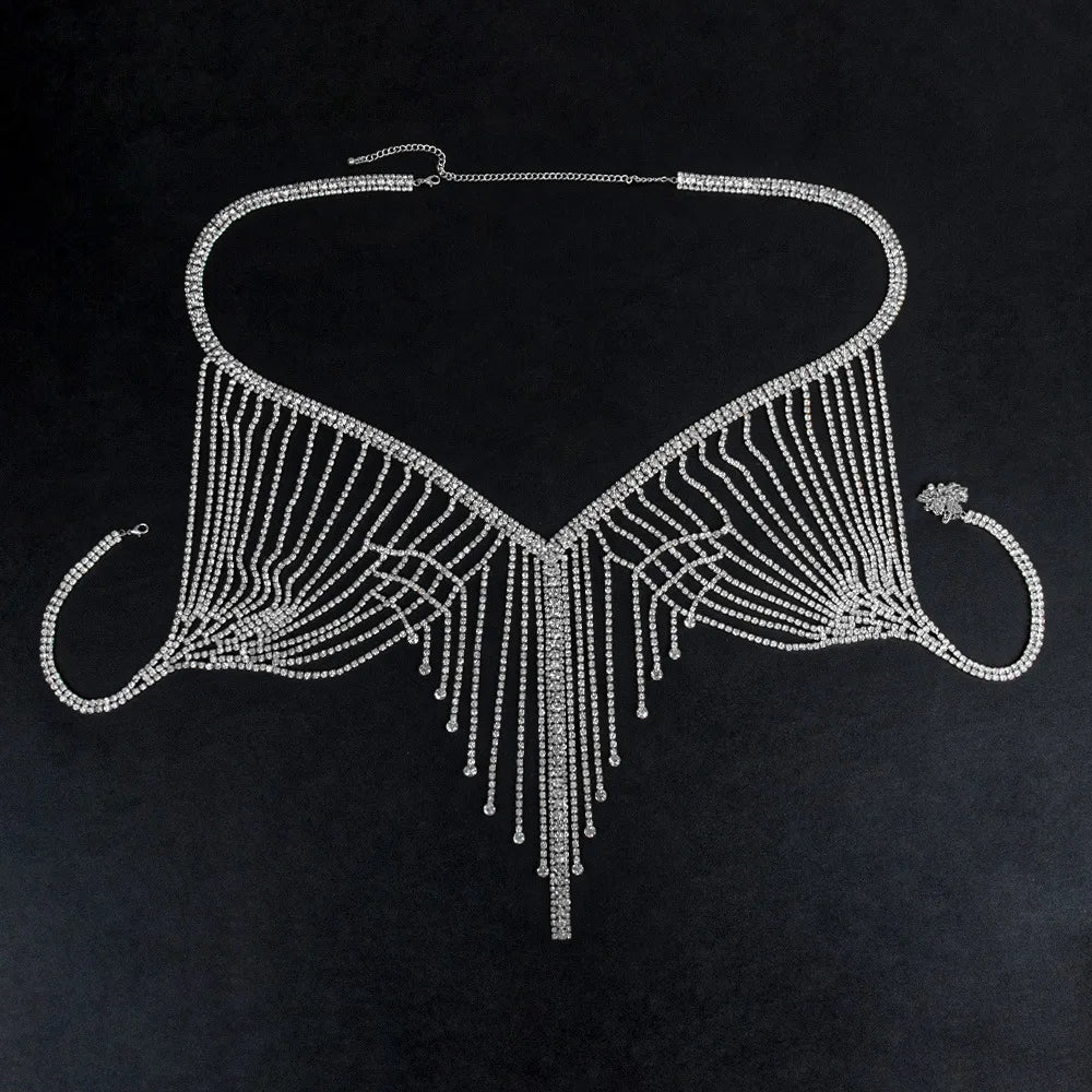 V-Shaped Halter Rhinestone Tassel Body Jewelry