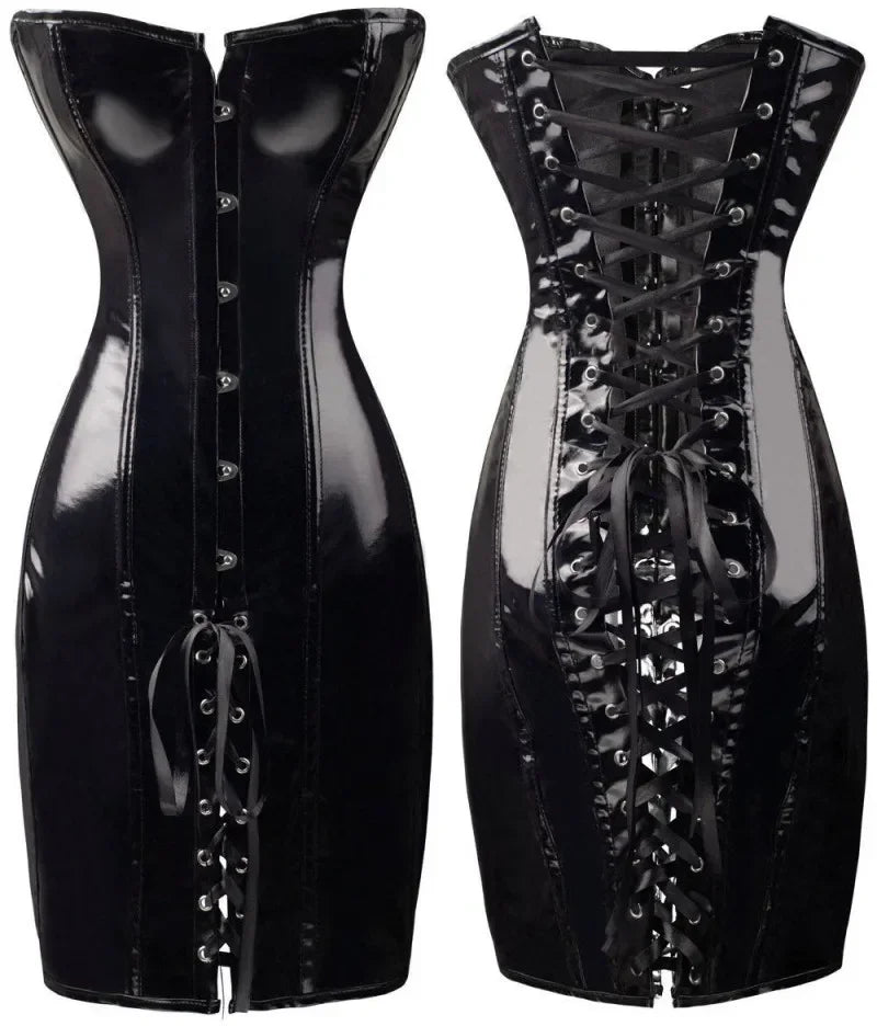 Steampunk PU Leather Overbust Corset Dress & Long Torso Waist Trainer