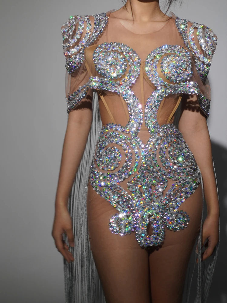 Sparkly Silver Rhinestone Sheer Cape Dress Stage Costume