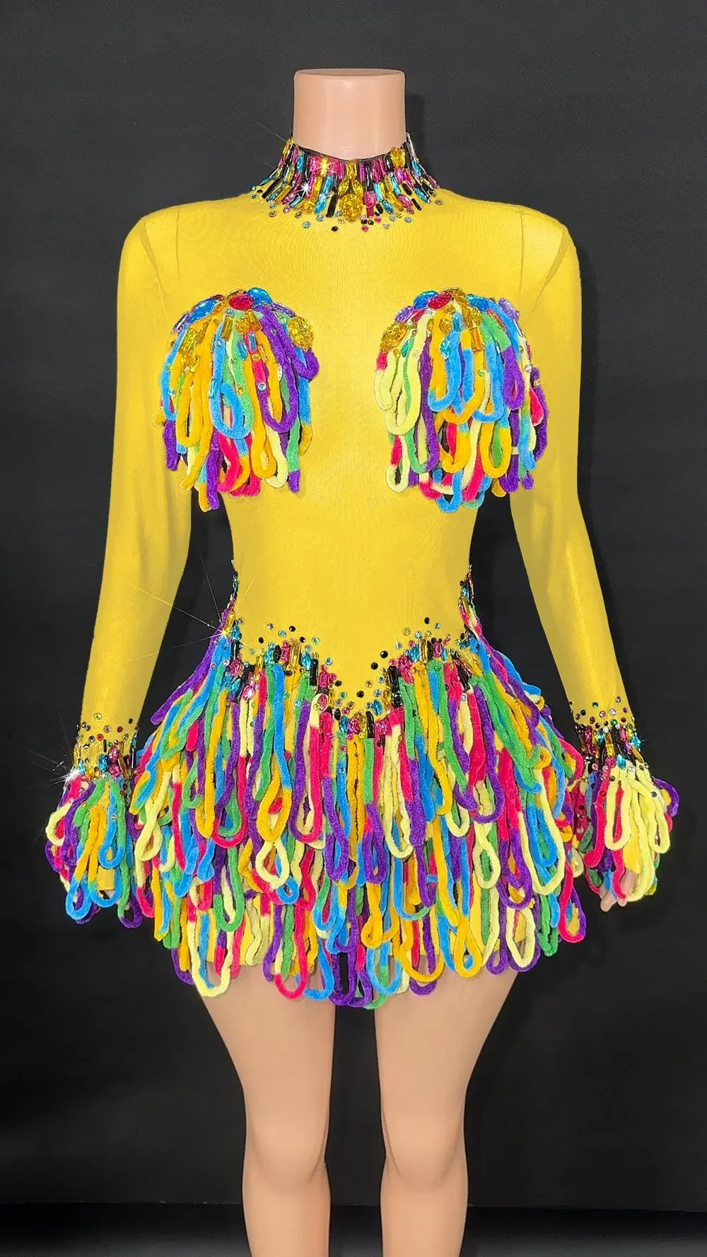 Rainbow Crystal Rhinestone Bodysuit Cascading Fringe Tassel Long-Sleeve Stage Costume