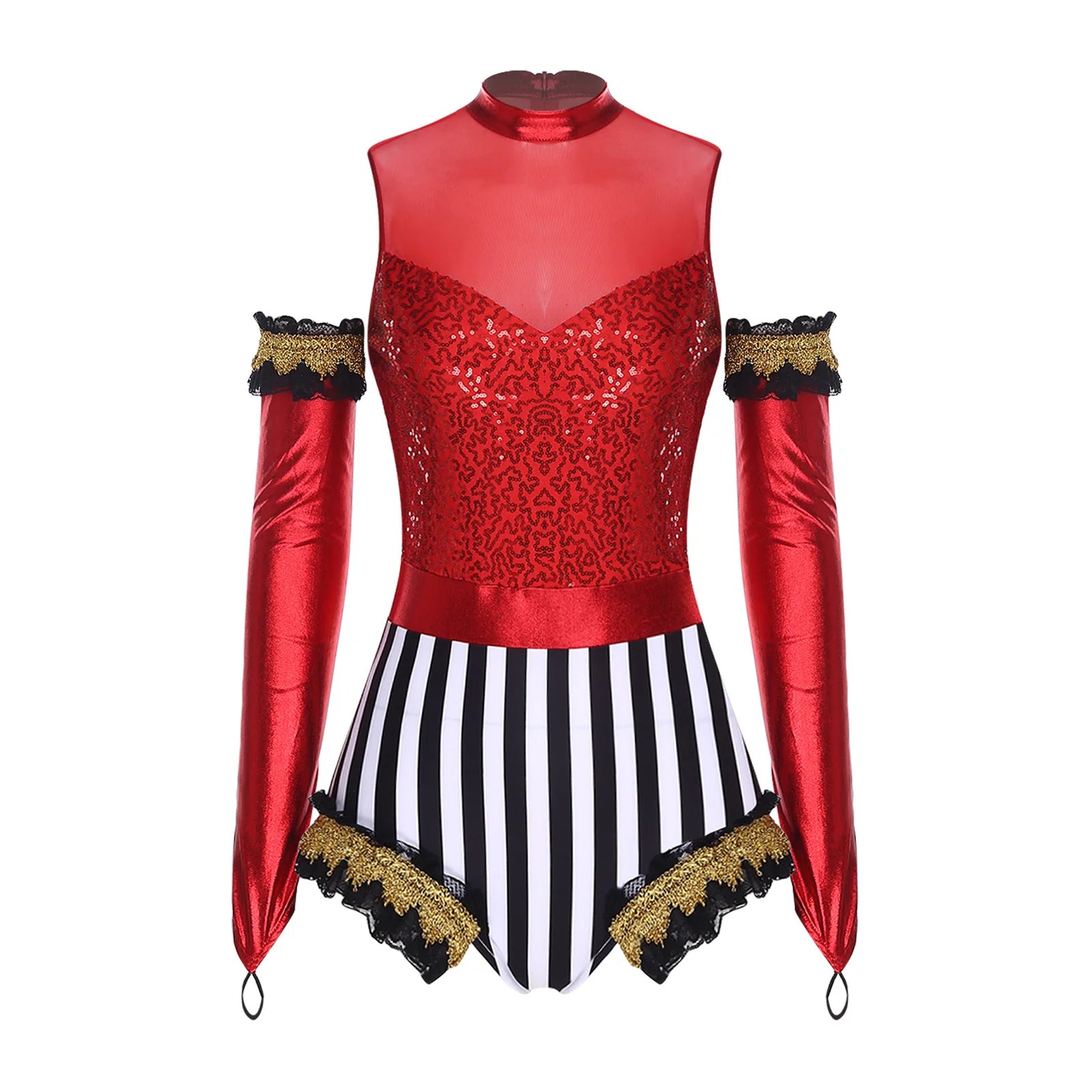 Circus Ringmaster Sequin Striped Bodysuit & Metallic Gloves 2-Piece Stage Costume Set