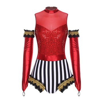 Circus Ringmaster Sequin Striped Bodysuit & Metallic Gloves 2-Piece Stage Costume Set