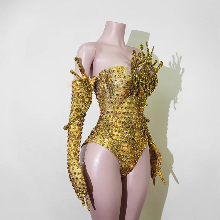 Sparkly Gold Rhinestone Bodysuit Sunburst Collar Spiked Glove Sleeves Costume