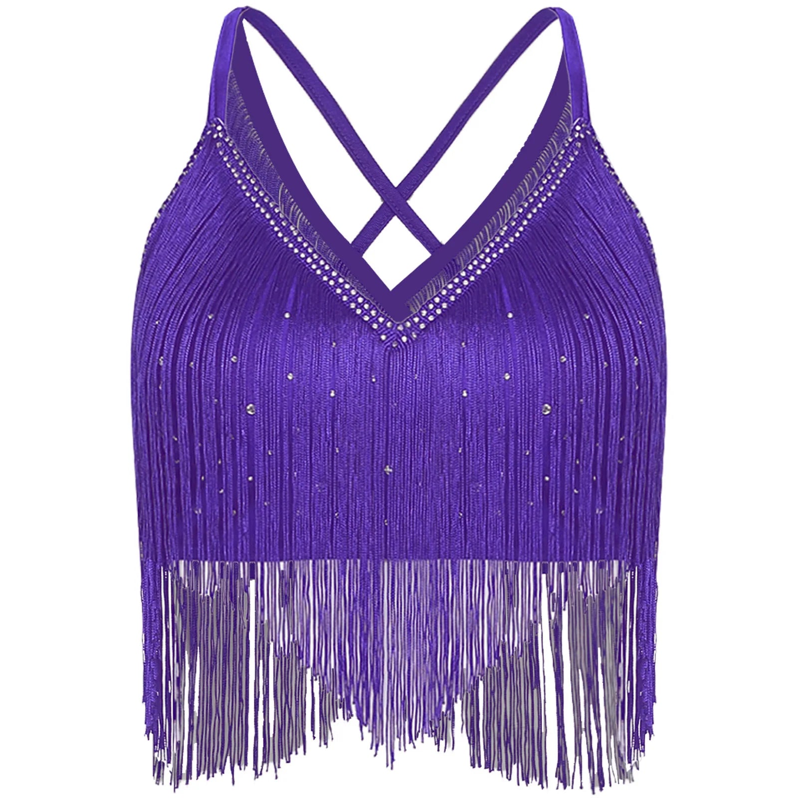 V-Neck Crisscross Back Tassel Fringe Crop Top Latin Salsa Dance Costume