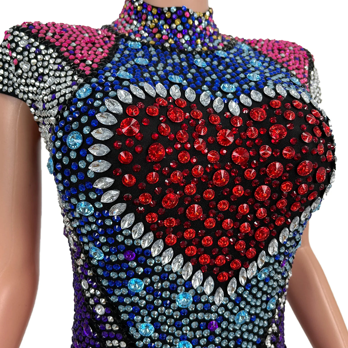 Women Sparkly Rhinestone Tight-Fitting Jumpsuit with Gloves Circus Stage Performance Costume