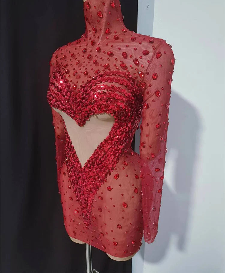 Crystal Rhinestone Mesh Long Sleeve Vintage Inspired Dress with Sequins and Skirt