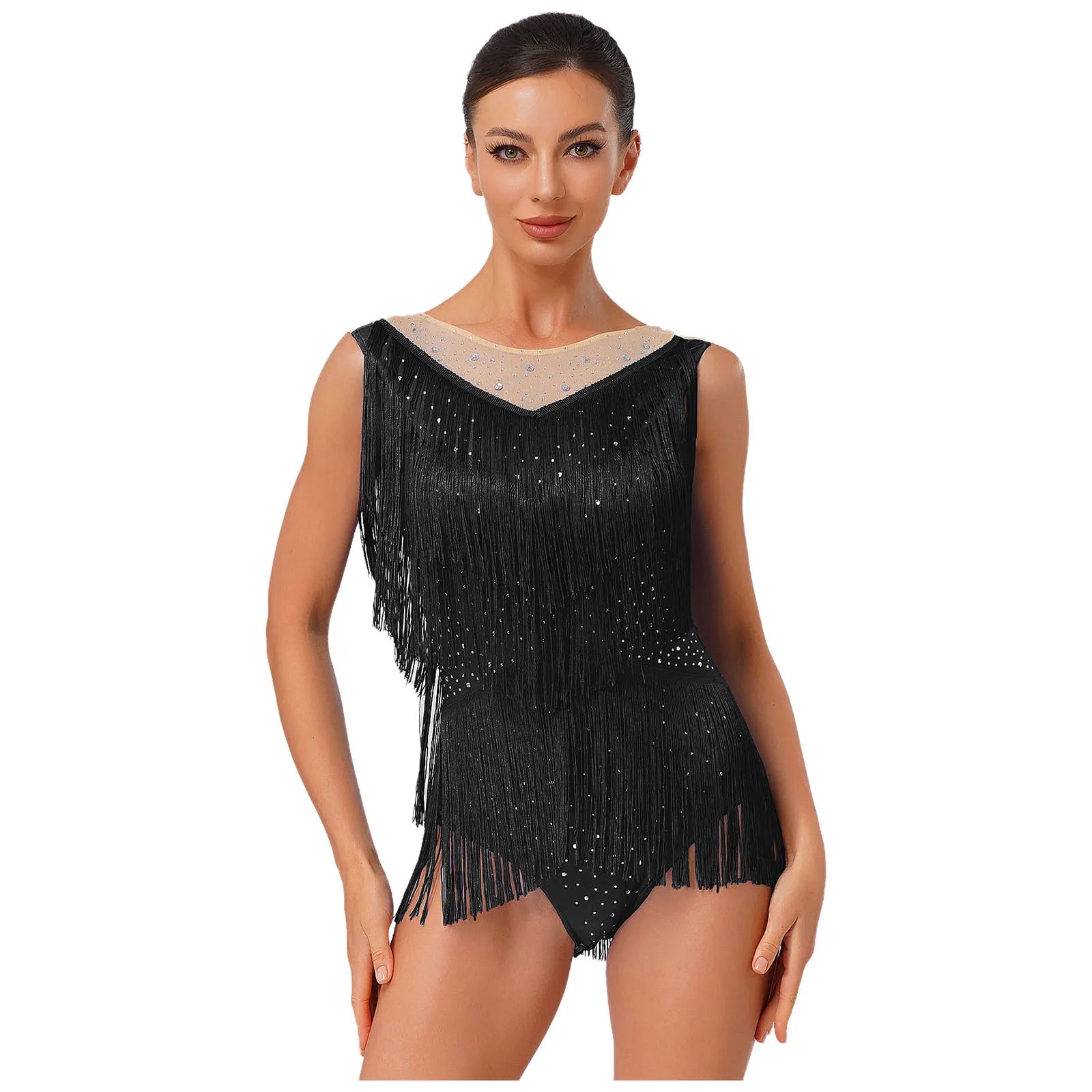 Sparkly Rhinestone & Tassel Fringe Latin Dance Leotard Crew Neck Bodysuit