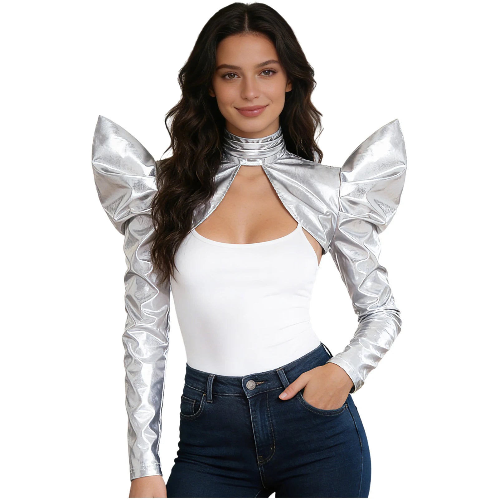 Metallic Shoulder Armor Shrug Crop Top & Sleeves Futuristic Pauldron Stage Costume