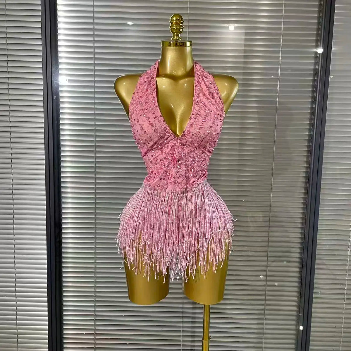 Vintage-Inspired Beaded Tassel Bodysuit Performance Costume