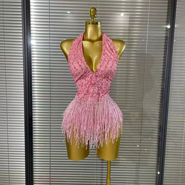Vintage-Inspired Beaded Tassel Bodysuit Performance Costume