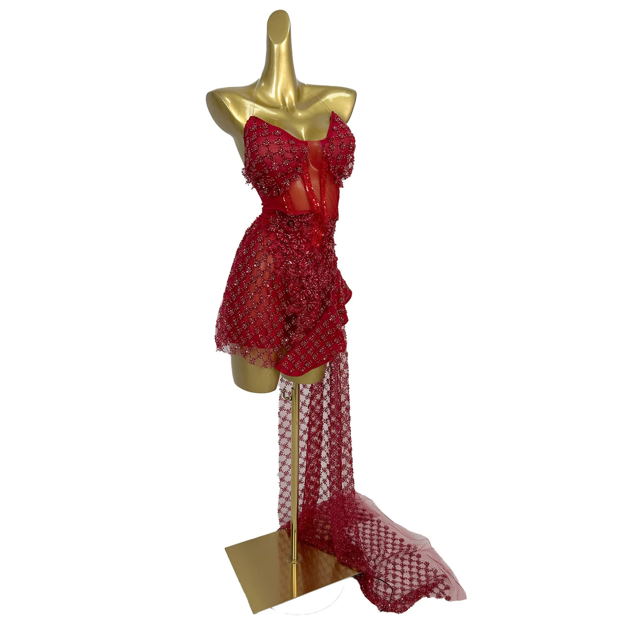 Women Sweetheart Red Sheer Mesh Neck Bodysuit Crystal Bodycon Mini Dress with Asymmetric Trailing Train Singer Show Costume