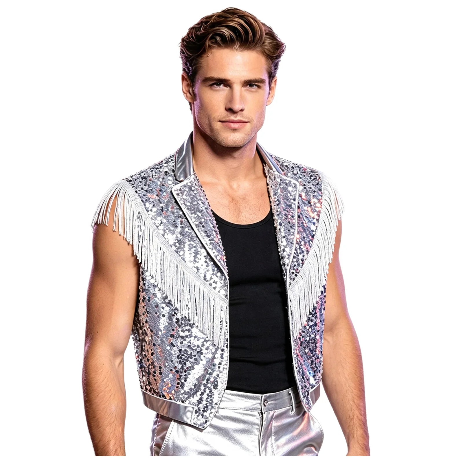 Men's Metallic Sequin Tassel Open-Front Vest Lapel Collar Sleeveless Stage Dance Waistcoat