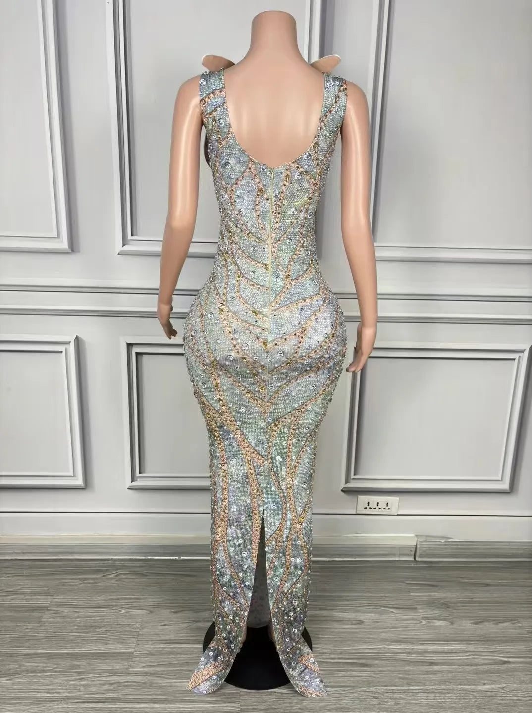 Women's Crystal Diamond Slit Sheath Dress | Luxury Stage & Singer Performance Gown in Black & Red