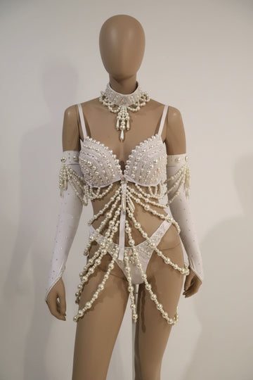 The Stardust Chandelier Pearl Bodysuit – Luxury Rhinestone Illusion Showgirl Costume