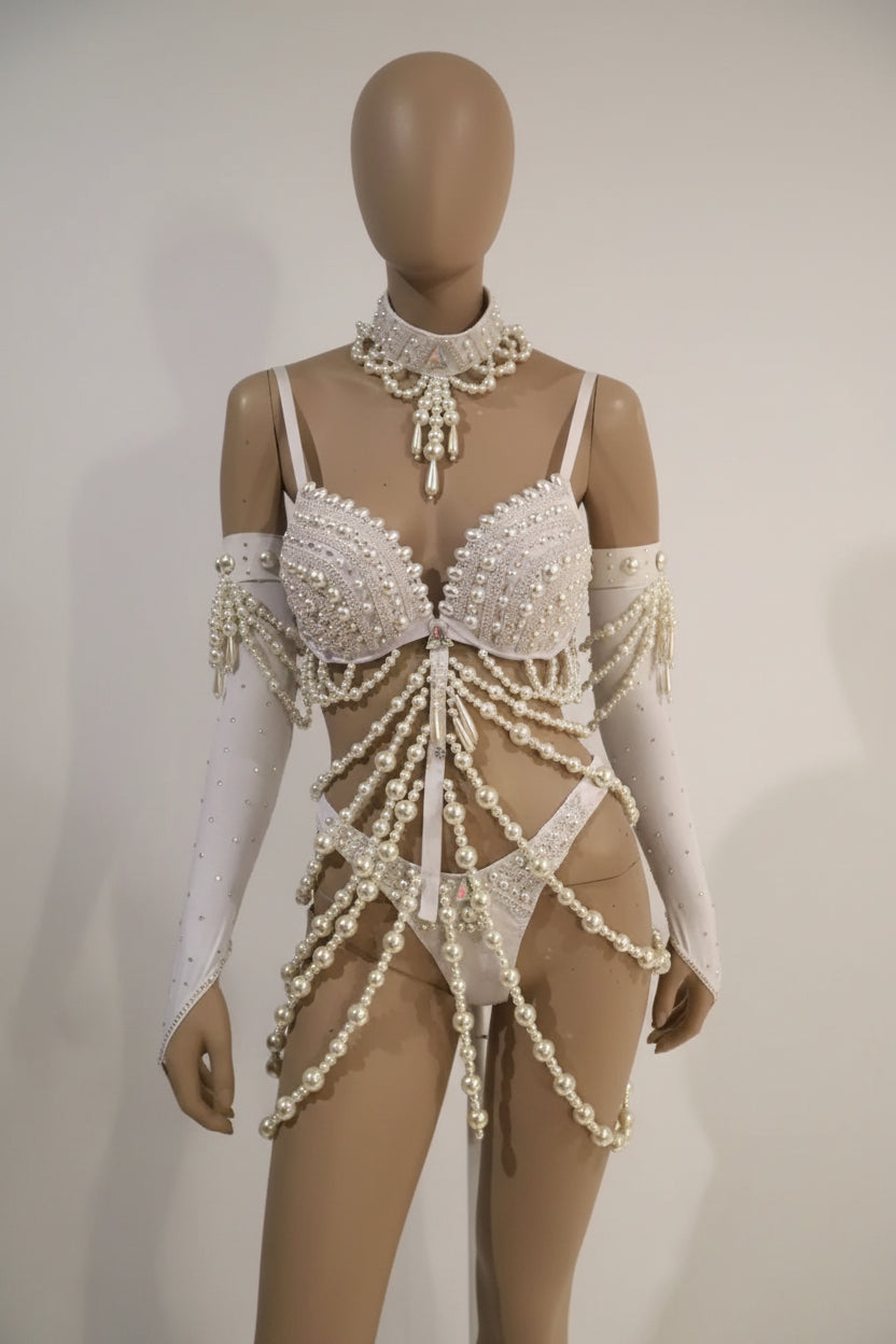 The Stardust Chandelier Pearl Bodysuit – Luxury Rhinestone Illusion Showgirl Costume