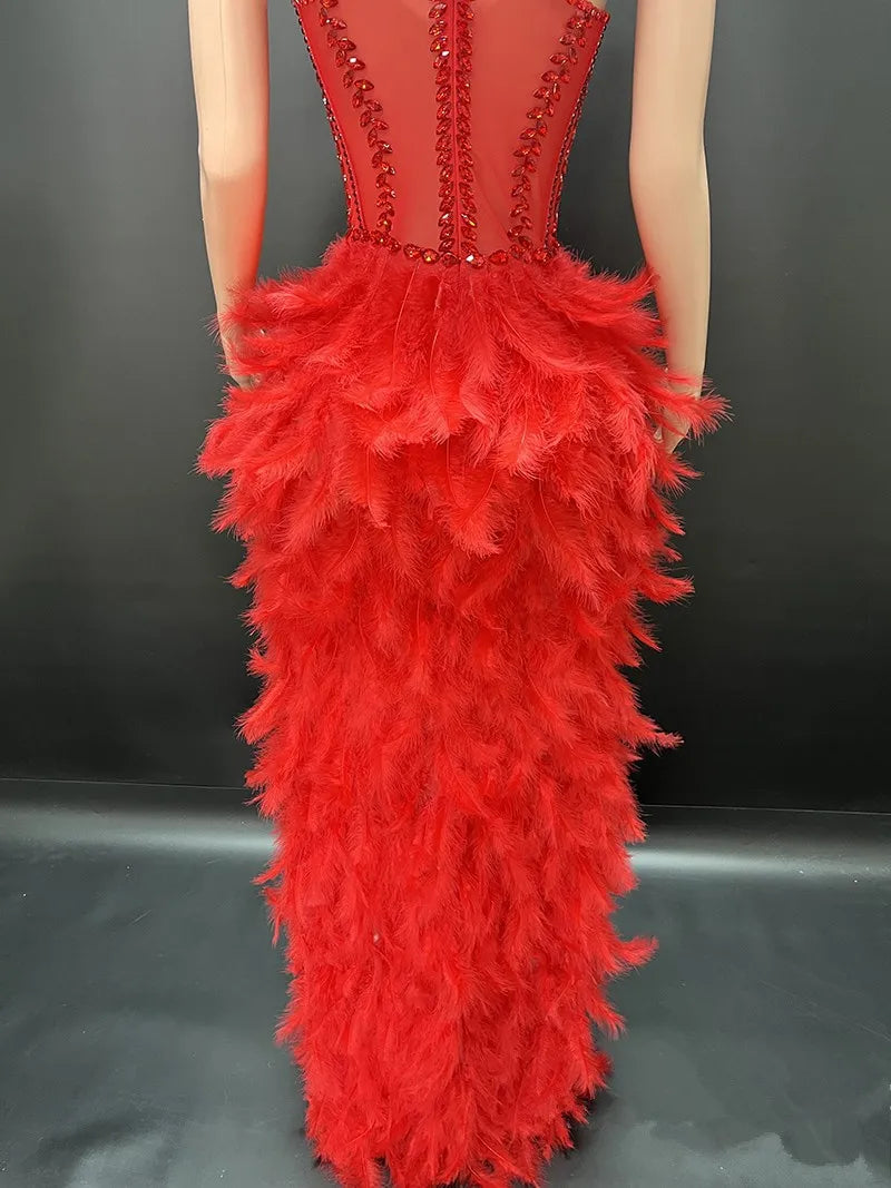 V-Neck Crystal Corset High-Low Feather Gown & Special Occasion Birthday Dress
