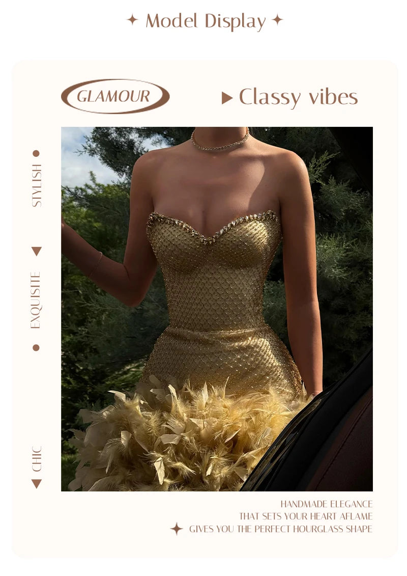 Gold Feather Trim Strapless Mini Dress